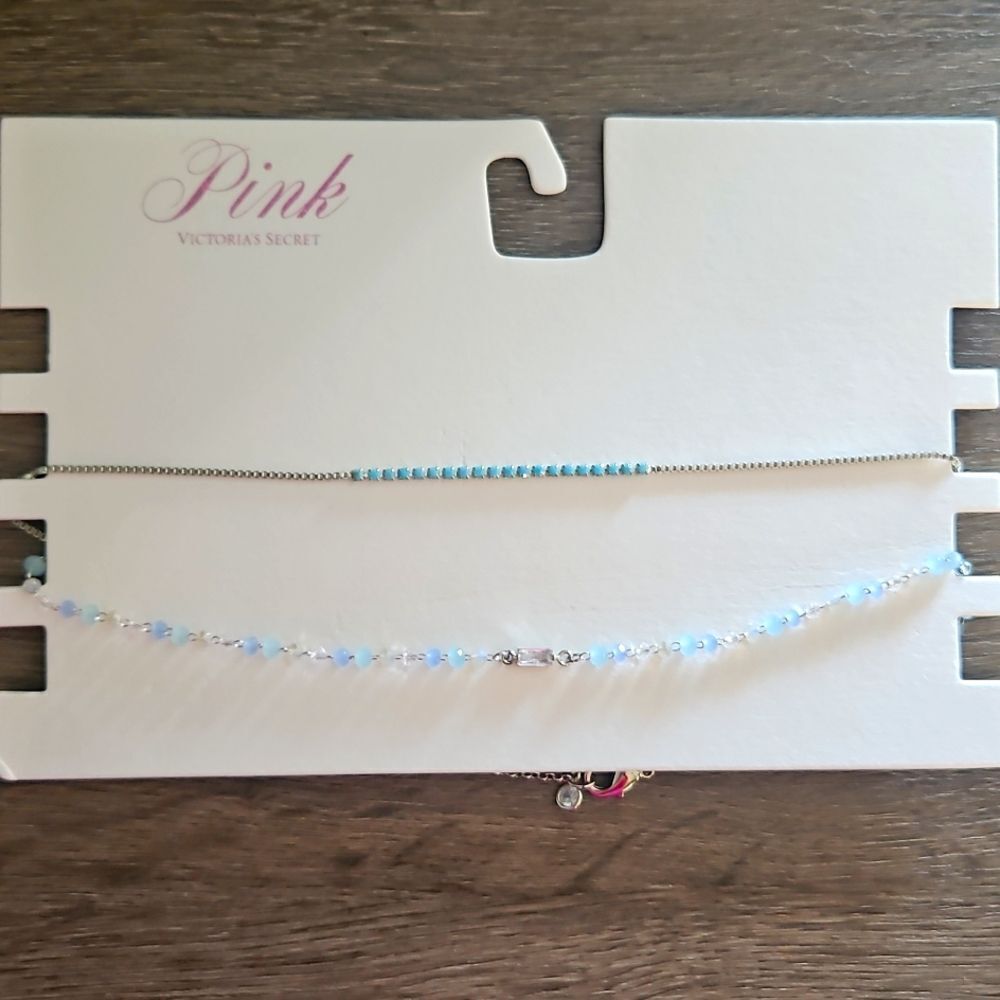 PINK By Victorias Secret Silver Layered Choker Necklace Set Of Two NEW